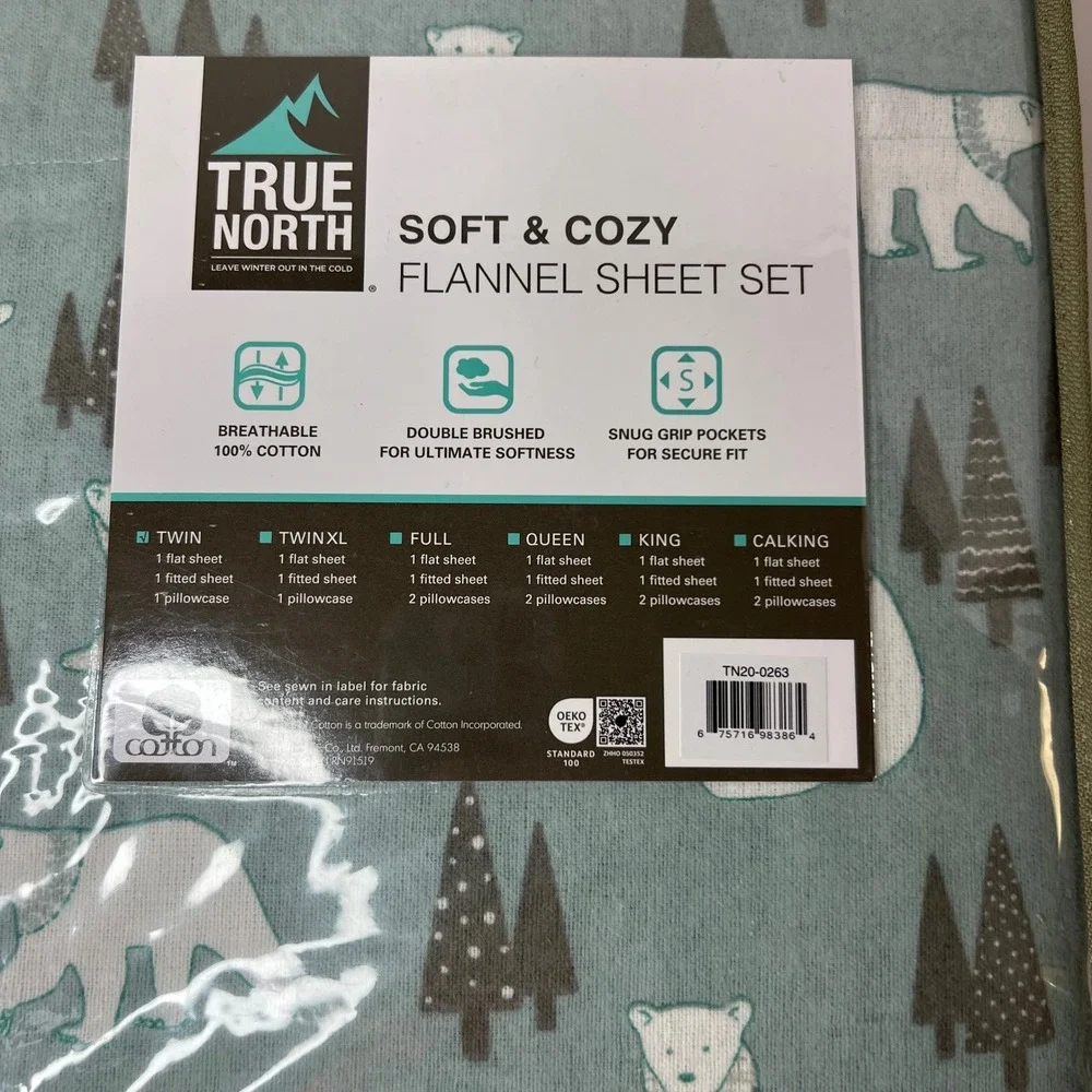 True North Soft & Cozy Flannel Sheet Set Polar Bear Trees Green Twin Cotton NIP